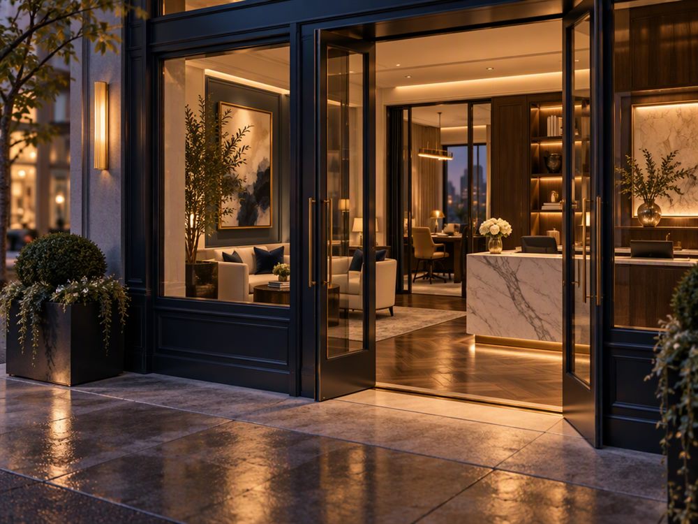 An upscale small-business office interior lit at dusk