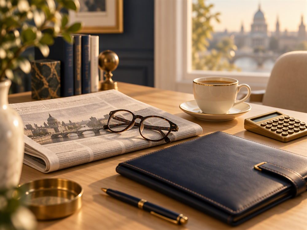A tidy desk with documents, glasses and a calculator in morning light